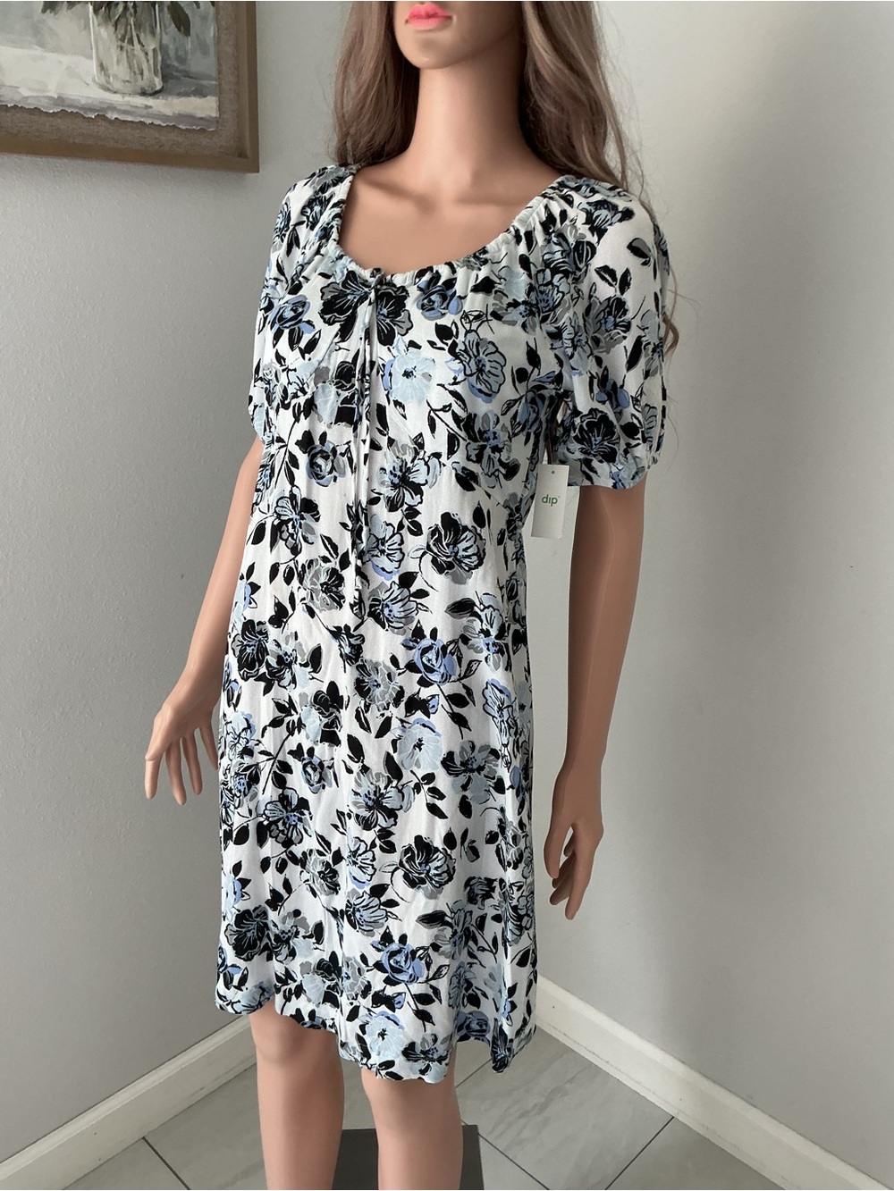 dip White Dress with Blue & Black Floral Print - Picture 4 of 11